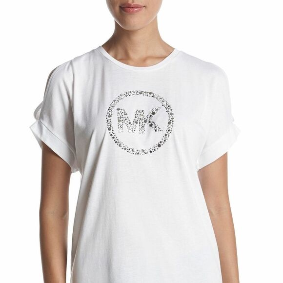 New! MICHAEL KORS Women's MK Circle Logo Cold-Shoulder Top Blouse Color White - Picture 2 of 7